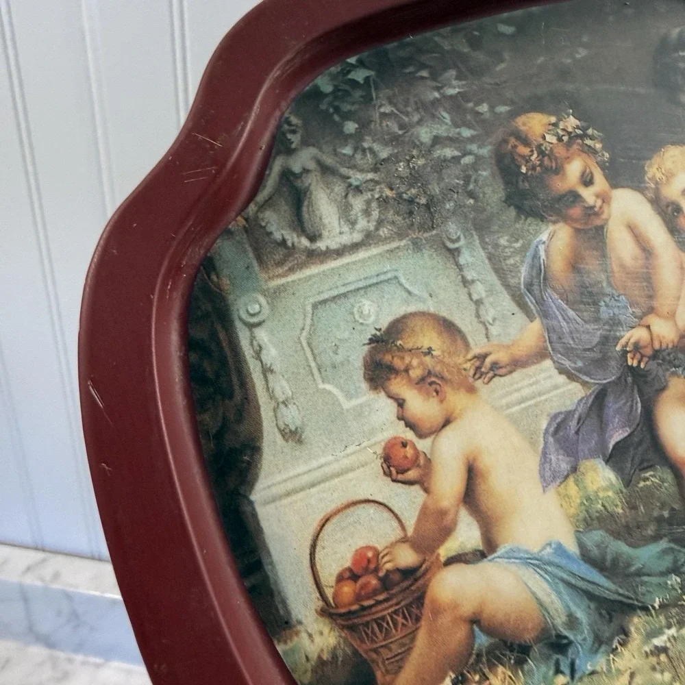 Vintage Angelic Cherub Victorian Style Metal Tray Floral Rectangular 6x8